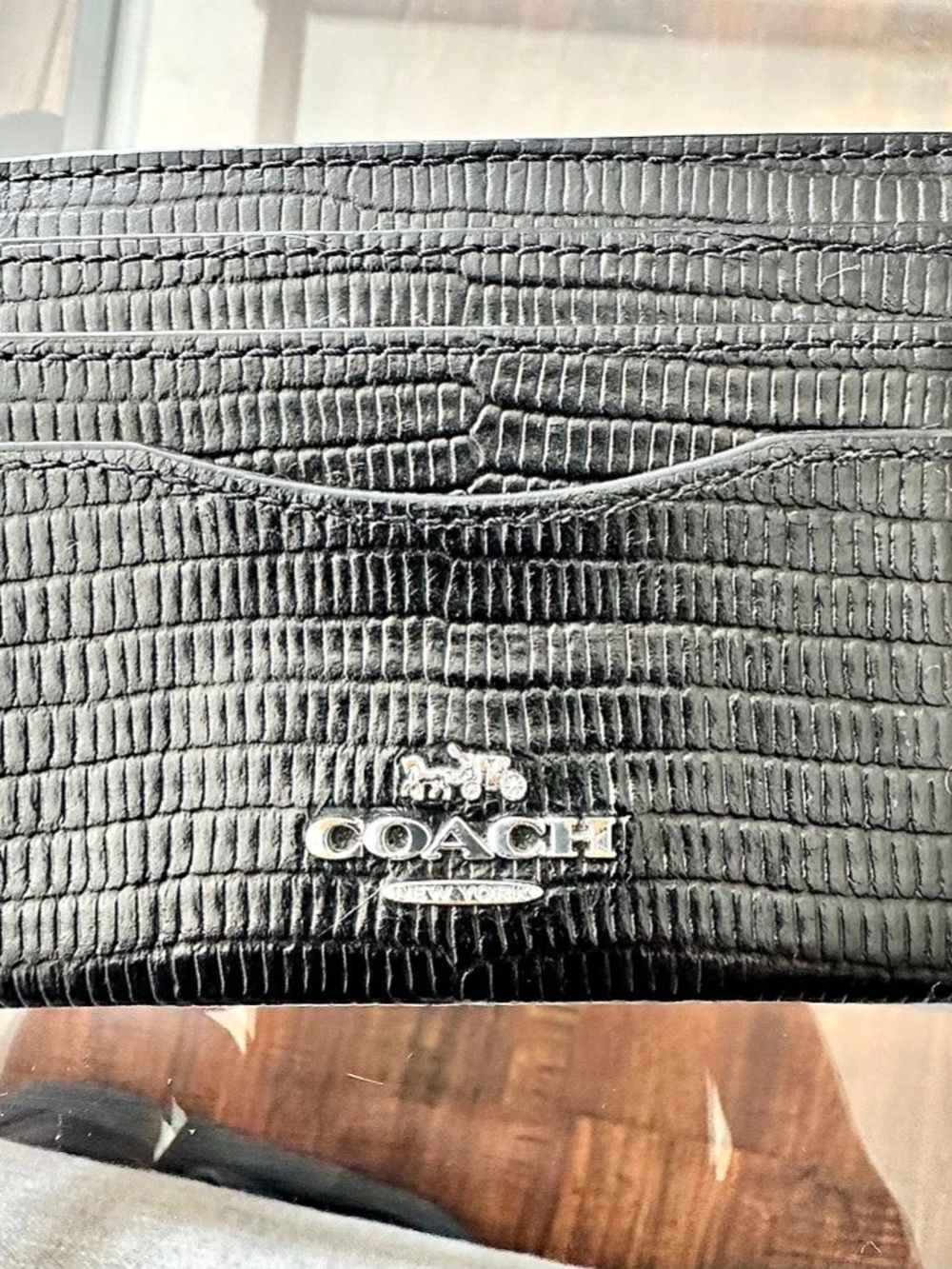 Coach Slim ID Card Case in Lizard Embossed Leather Black